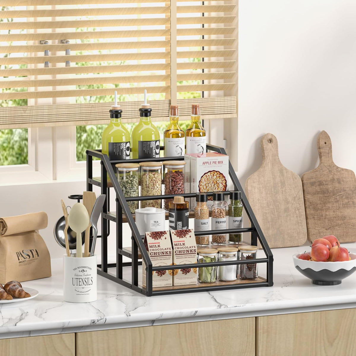 Coffee Syrup Rack Organizer, 3 Tier Countertop Storage Shelves, Kitchen Storage, 12 Syrup Bottle Stand Holder for Wine, Liquor, Kitchen Coffee Station Organizer Rack, 13.8"x13.4"x13.0", Rustic Brown