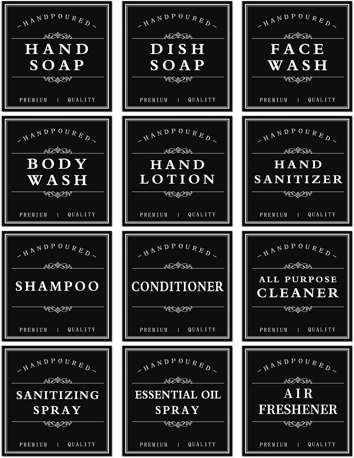 White Waterproof Soap Labels for Plastic/Glass Bottles, Bathroom/Kitchen Hand Soap Dispenser Label Stickers, Removable Cleaning Bottle Labels for Soap, Lotion, Shampoo Conditioner, 12Pack (Black)