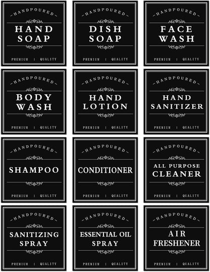 White Waterproof Soap Labels for Plastic/Glass Bottles, Bathroom/Kitchen Hand Soap Dispenser Label Stickers, Removable Cleaning Bottle Labels for Soap, Lotion, Shampoo Conditioner, 12Pack (Black)