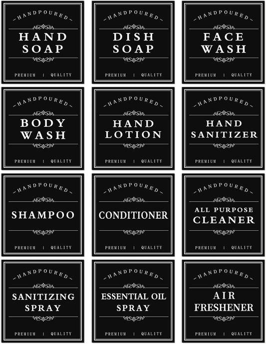 White Waterproof Soap Labels for Plastic/Glass Bottles, Bathroom/Kitchen Hand Soap Dispenser Label Stickers, Removable Cleaning Bottle Labels for Soap, Lotion, Shampoo Conditioner, 12Pack (Black)