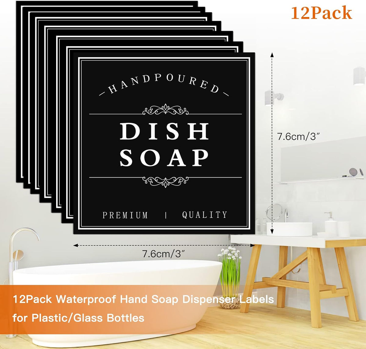White Waterproof Soap Labels for Plastic/Glass Bottles, Bathroom/Kitchen Hand Soap Dispenser Label Stickers, Removable Cleaning Bottle Labels for Soap, Lotion, Shampoo Conditioner, 12Pack (Black)
