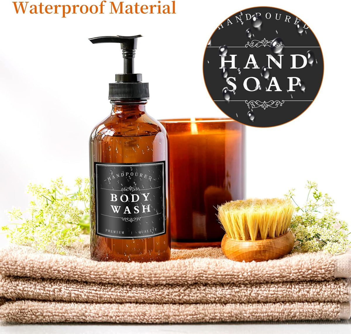 White Waterproof Soap Labels for Plastic/Glass Bottles, Bathroom/Kitchen Hand Soap Dispenser Label Stickers, Removable Cleaning Bottle Labels for Soap, Lotion, Shampoo Conditioner, 12Pack (Black)