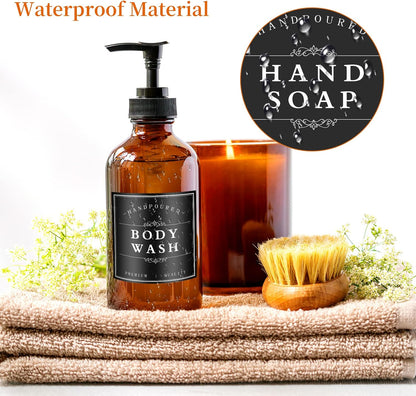 White Waterproof Soap Labels for Plastic/Glass Bottles, Bathroom/Kitchen Hand Soap Dispenser Label Stickers, Removable Cleaning Bottle Labels for Soap, Lotion, Shampoo Conditioner, 12Pack (Black)