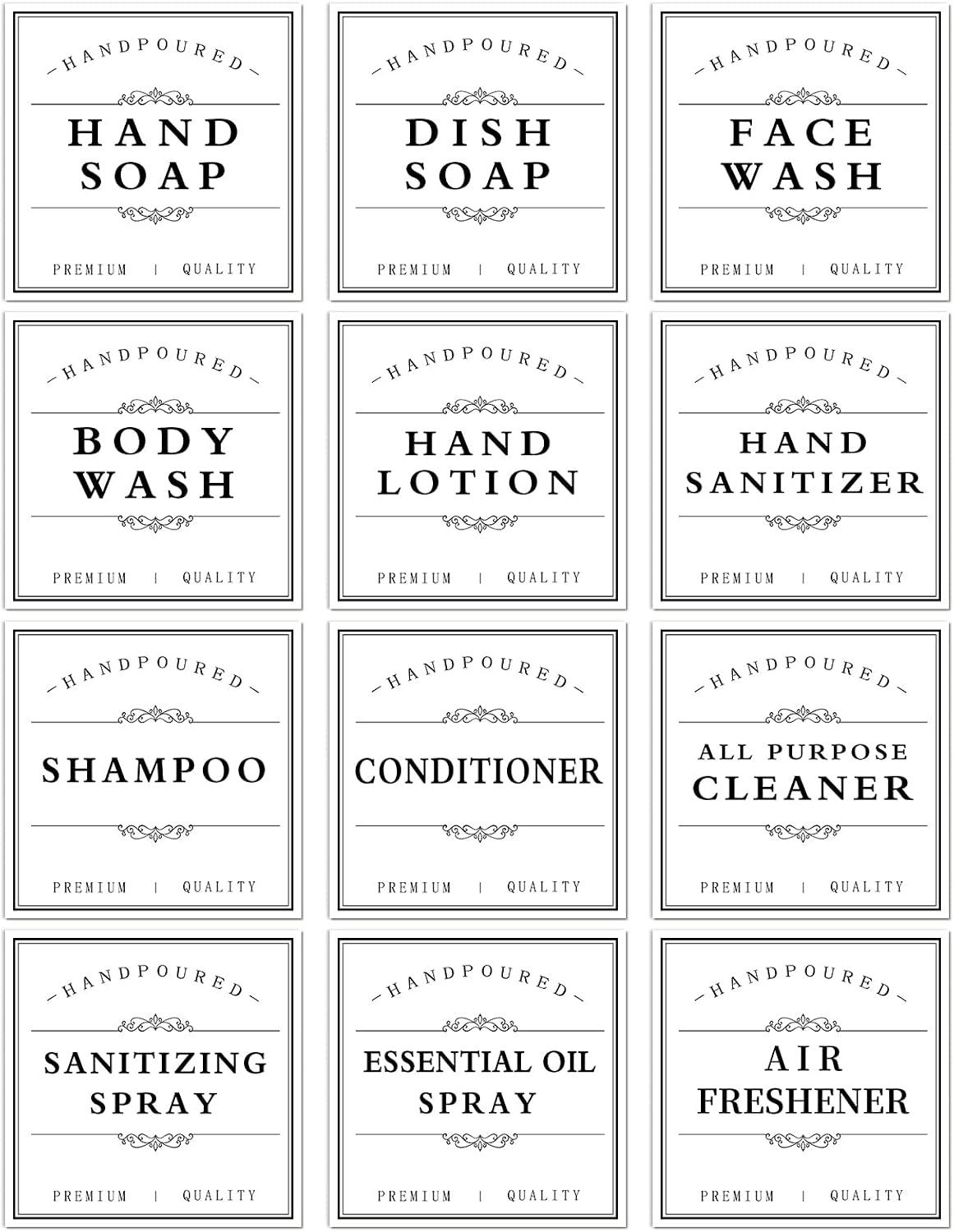 White Waterproof Soap Labels for Plastic/Glass Bottles, Bathroom/Kitchen Hand Soap Dispenser Label Stickers, Removable Cleaning Bottle Labels for Soap, Lotion, Shampoo Conditioner, 12Pack (Black)