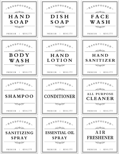 White Waterproof Soap Labels for Plastic/Glass Bottles, Bathroom/Kitchen Hand Soap Dispenser Label Stickers, Removable Cleaning Bottle Labels for Soap, Lotion, Shampoo Conditioner, 12Pack (Black)
