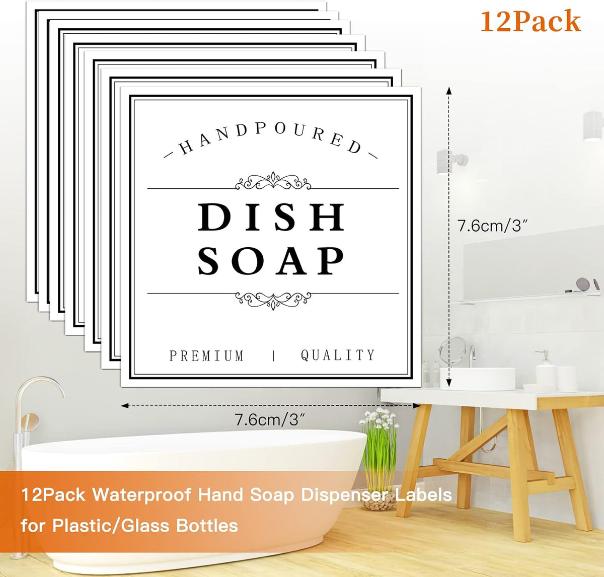 White Waterproof Soap Labels for Plastic/Glass Bottles, Bathroom/Kitchen Hand Soap Dispenser Label Stickers, Removable Cleaning Bottle Labels for Soap, Lotion, Shampoo Conditioner, 12Pack (Black)