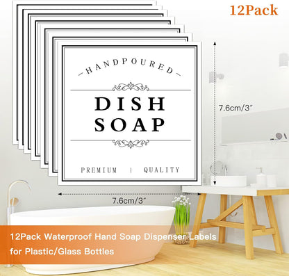 White Waterproof Soap Labels for Plastic/Glass Bottles, Bathroom/Kitchen Hand Soap Dispenser Label Stickers, Removable Cleaning Bottle Labels for Soap, Lotion, Shampoo Conditioner, 12Pack (Black)