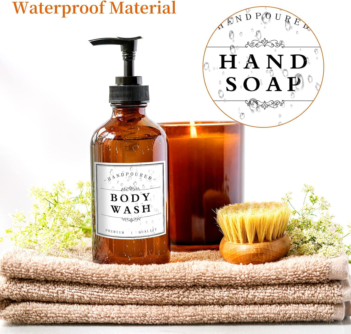 White Waterproof Soap Labels for Plastic/Glass Bottles, Bathroom/Kitchen Hand Soap Dispenser Label Stickers, Removable Cleaning Bottle Labels for Soap, Lotion, Shampoo Conditioner, 12Pack (Black)