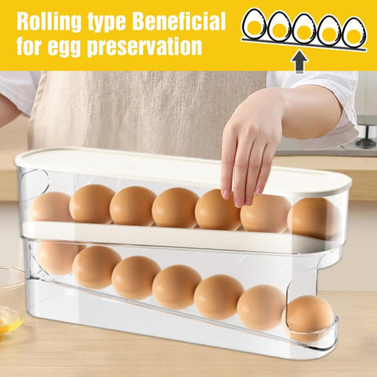 2026 New Egg Holder for Fridge, Egg Organizer for Refrigerator Automatic Scrolling Eggs Rack Holder Rolling Dispenser Stackable Container and Storage for Refrigerator with Lid