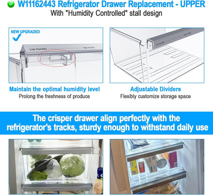 UPGRADED W11162443 Refrigerator Crisper Drawer Compatible with Whirlpool Crisper Drawer W10899435 Whirlpool Fridge Drawer W11046494 Maytag Refrigerator Drawer WRS325SDHZ WRS315SDHZ WRS315SDHM Drawer
