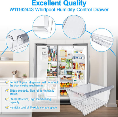 UPGRADED W11162443 Refrigerator Crisper Drawer Compatible with Whirlpool Crisper Drawer W10899435 Whirlpool Fridge Drawer W11046494 Maytag Refrigerator Drawer WRS325SDHZ WRS315SDHZ WRS315SDHM Drawer