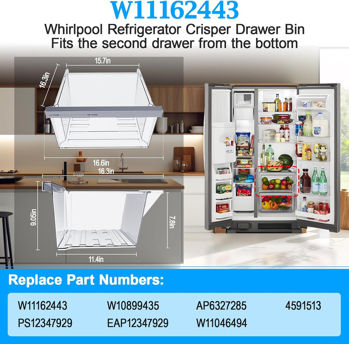 UPGRADED W11162443 Refrigerator Crisper Drawer Compatible with Whirlpool Crisper Drawer W10899435 Whirlpool Fridge Drawer W11046494 Maytag Refrigerator Drawer WRS325SDHZ WRS315SDHZ WRS315SDHM Drawer