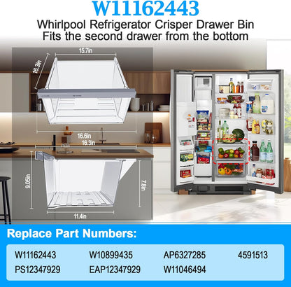 UPGRADED W11162443 Refrigerator Crisper Drawer Compatible with Whirlpool Crisper Drawer W10899435 Whirlpool Fridge Drawer W11046494 Maytag Refrigerator Drawer WRS325SDHZ WRS315SDHZ WRS315SDHM Drawer
