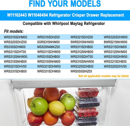 UPGRADED W11162443 Refrigerator Crisper Drawer Compatible with Whirlpool Crisper Drawer W10899435 Whirlpool Fridge Drawer W11046494 Maytag Refrigerator Drawer WRS325SDHZ WRS315SDHZ WRS315SDHM Drawer