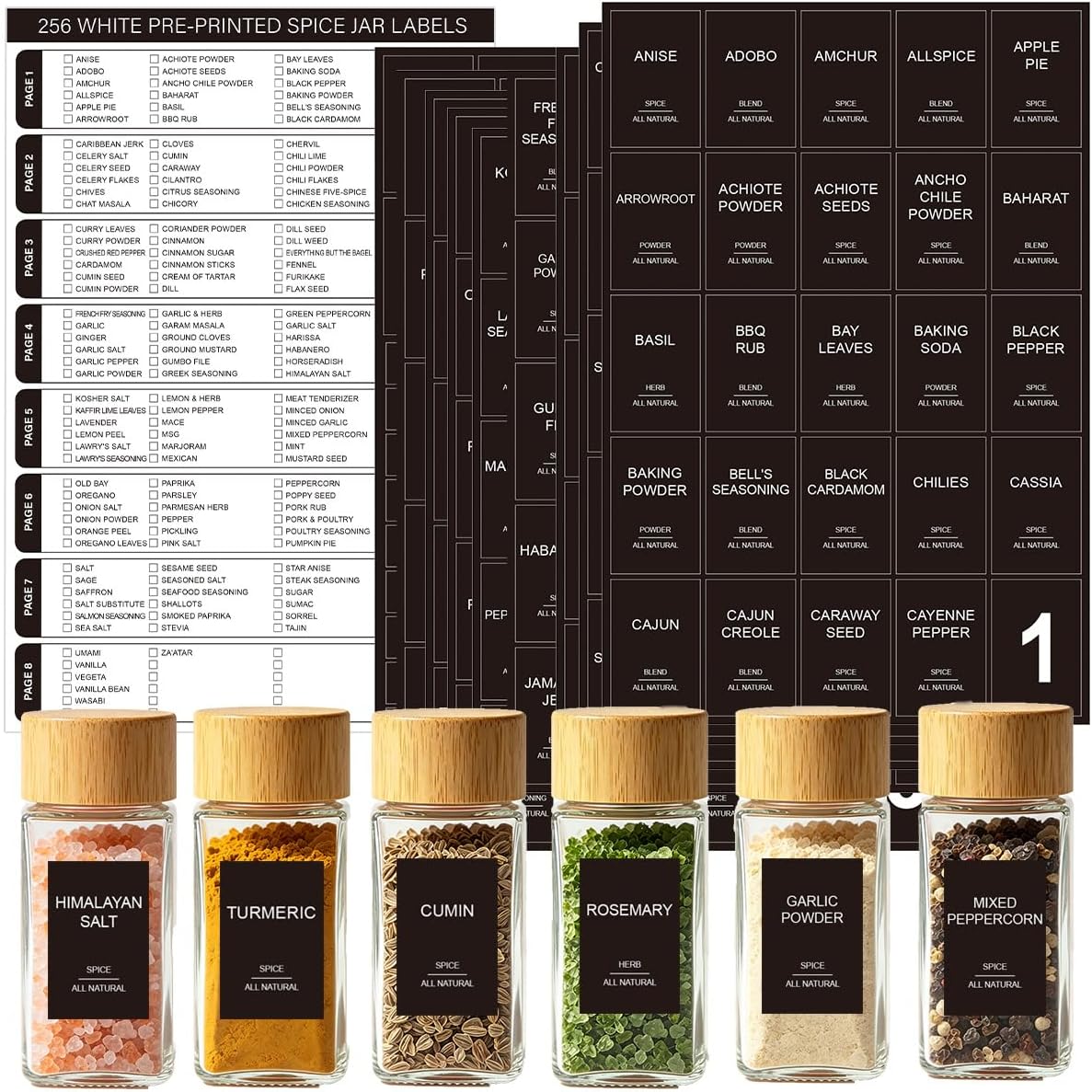 256 Spice Labels Minimalist Waterproof Spice Jar Stickers Removable Oil-Resistant Preprinted Spice with Blank Label for Kitchen Herb & Seasoning Labels Food Containers Organizers Storage Bins