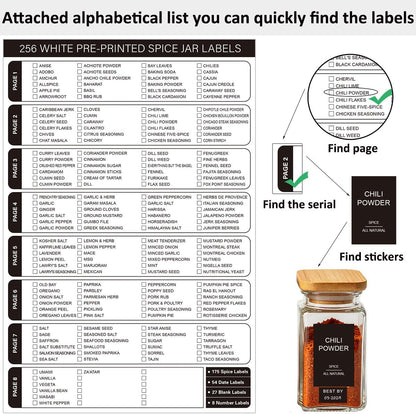 256 Spice Labels Minimalist Waterproof Spice Jar Stickers Removable Oil-Resistant Preprinted Spice with Blank Label for Kitchen Herb & Seasoning Labels Food Containers Organizers Storage Bins