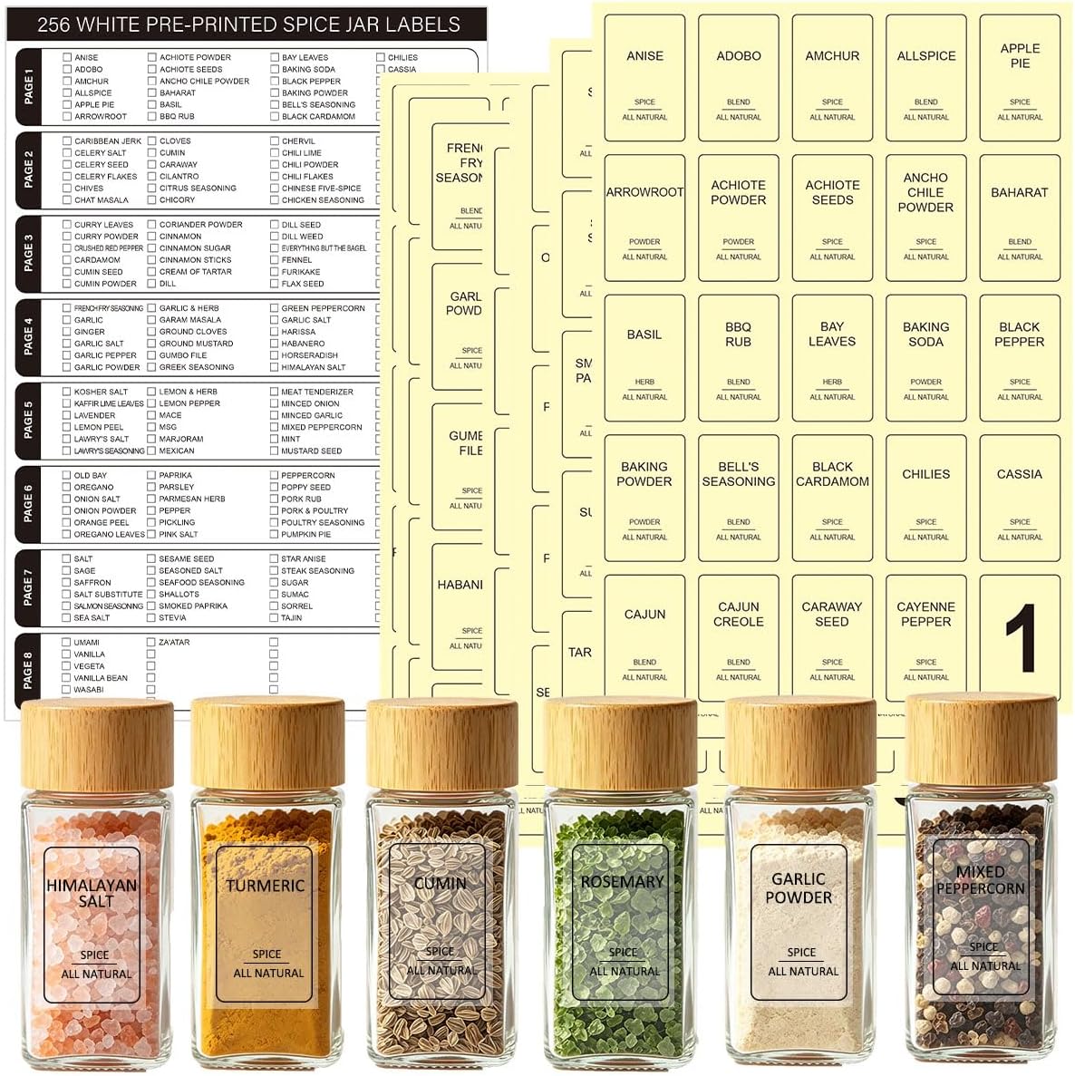 256 Spice Labels Minimalist Waterproof Spice Jar Stickers Removable Oil-Resistant Preprinted Spice with Blank Label for Kitchen Herb & Seasoning Labels Food Containers Organizers Storage Bins