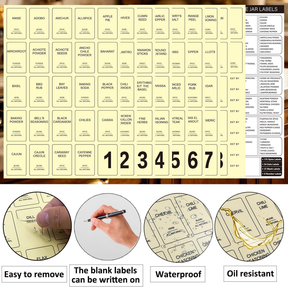 256 Spice Labels Minimalist Waterproof Spice Jar Stickers Removable Oil-Resistant Preprinted Spice with Blank Label for Kitchen Herb & Seasoning Labels Food Containers Organizers Storage Bins