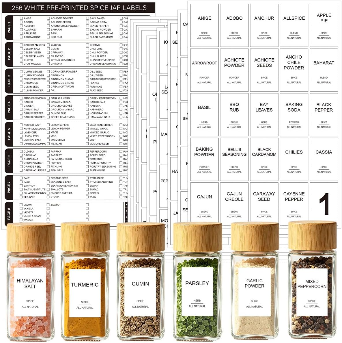 256 Spice Labels Minimalist Waterproof Spice Jar Stickers Removable Oil-Resistant Preprinted Spice with Blank Label for Kitchen Herb & Seasoning Labels Food Containers Organizers Storage Bins