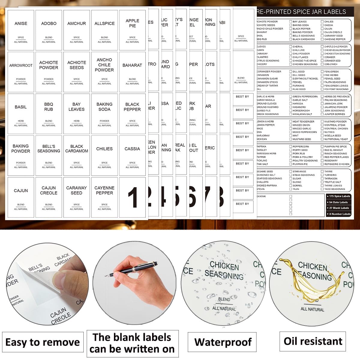 256 Spice Labels Minimalist Waterproof Spice Jar Stickers Removable Oil-Resistant Preprinted Spice with Blank Label for Kitchen Herb & Seasoning Labels Food Containers Organizers Storage Bins