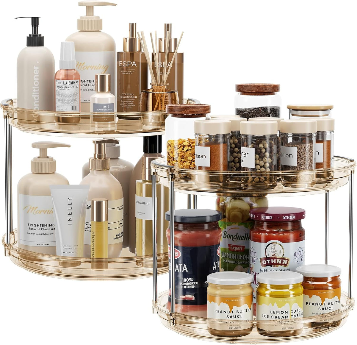 LAMU 2 Tier Lazy Susan Turntable Organizer 9.25'' Rotating Spice Rack Organization for Cabinet, Kitchen, Pantry, Countertop, Bathroom, Vanity, Medicine Cabinet Organizer, Clear