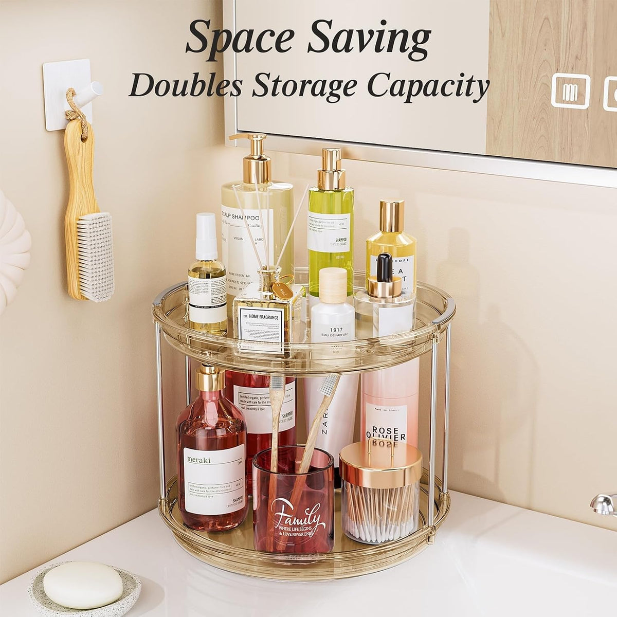LAMU 2 Tier Lazy Susan Turntable Organizer 9.25'' Rotating Spice Rack Organization for Cabinet, Kitchen, Pantry, Countertop, Bathroom, Vanity, Medicine Cabinet Organizer, Clear