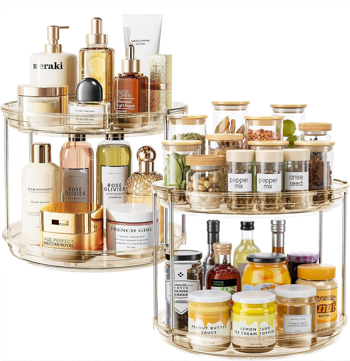 LAMU 2 Tier Lazy Susan Turntable Organizer 9.25'' Rotating Spice Rack Organization for Cabinet, Kitchen, Pantry, Countertop, Bathroom, Vanity, Medicine Cabinet Organizer, Clear
