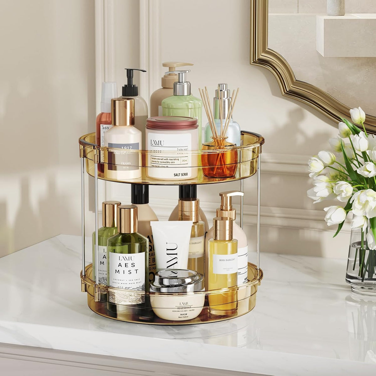 LAMU 2 Tier Lazy Susan Turntable Organizer 9.25'' Rotating Spice Rack Organization for Cabinet, Kitchen, Pantry, Countertop, Bathroom, Vanity, Medicine Cabinet Organizer, Clear