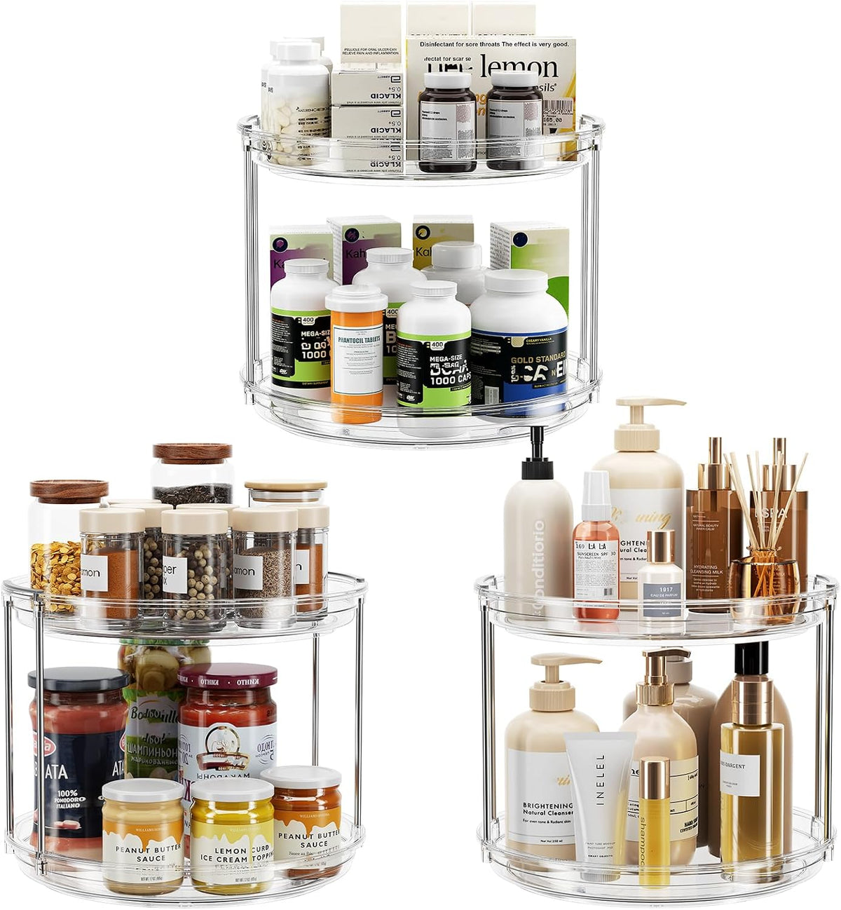 LAMU 2 Tier Lazy Susan Turntable Organizer 9.25'' Rotating Spice Rack Organization for Cabinet, Kitchen, Pantry, Countertop, Bathroom, Vanity, Medicine Cabinet Organizer, Clear