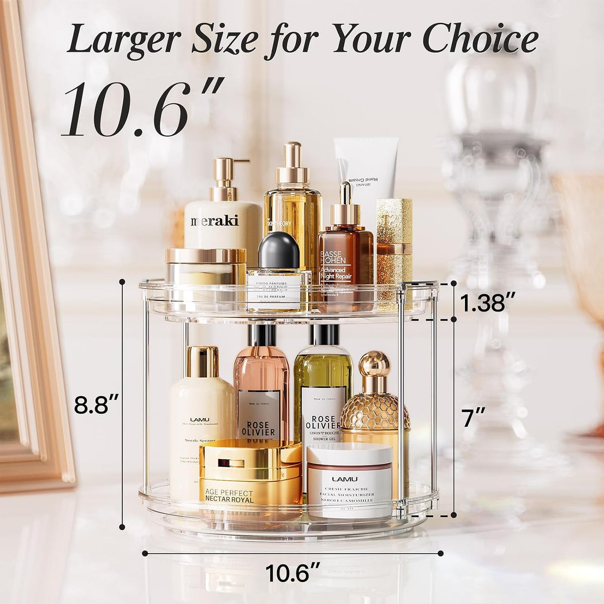 LAMU 2 Tier Lazy Susan Turntable Organizer 9.25'' Rotating Spice Rack Organization for Cabinet, Kitchen, Pantry, Countertop, Bathroom, Vanity, Medicine Cabinet Organizer, Clear