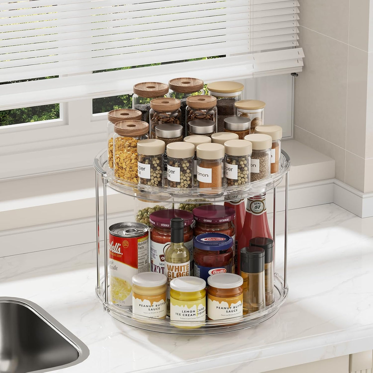 LAMU 2 Tier Lazy Susan Turntable Organizer 9.25'' Rotating Spice Rack Organization for Cabinet, Kitchen, Pantry, Countertop, Bathroom, Vanity, Medicine Cabinet Organizer, Clear