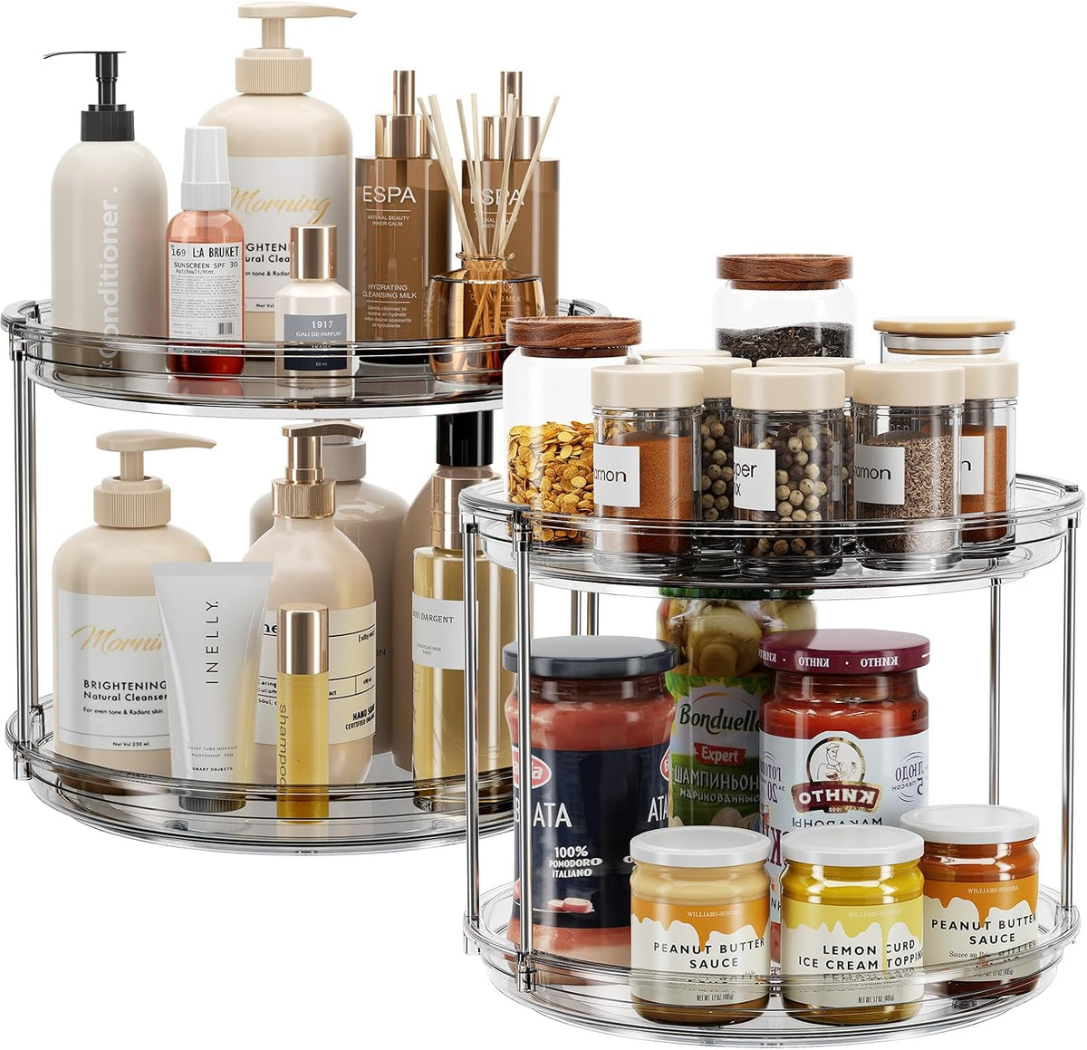 LAMU 2 Tier Lazy Susan Turntable Organizer 9.25'' Rotating Spice Rack Organization for Cabinet, Kitchen, Pantry, Countertop, Bathroom, Vanity, Medicine Cabinet Organizer, Clear