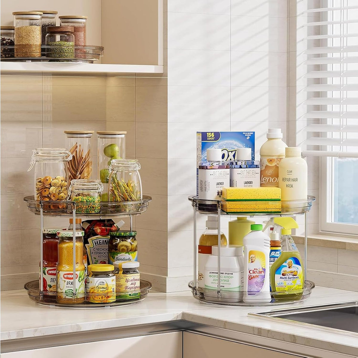 LAMU 2 Tier Lazy Susan Turntable Organizer 9.25'' Rotating Spice Rack Organization for Cabinet, Kitchen, Pantry, Countertop, Bathroom, Vanity, Medicine Cabinet Organizer, Clear