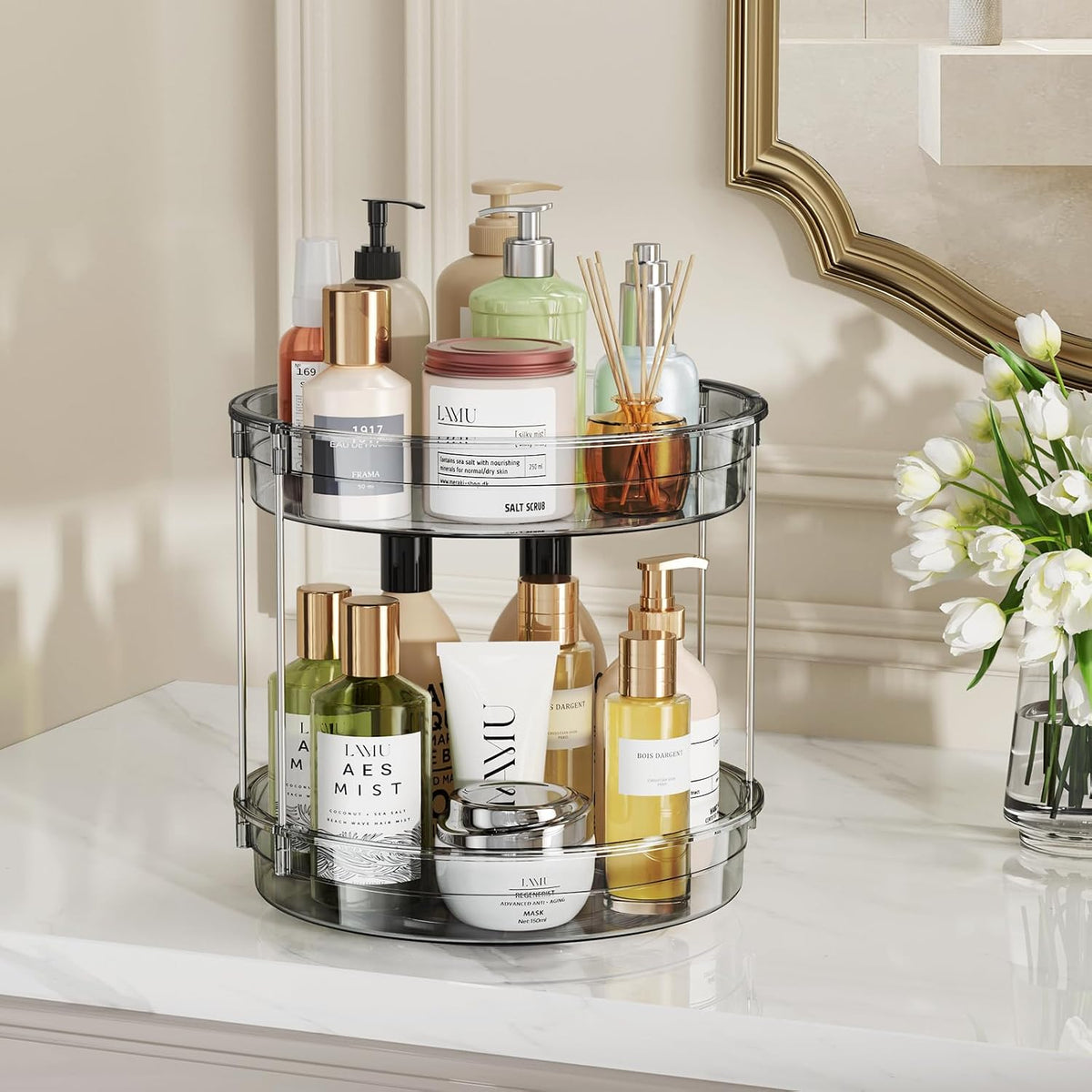LAMU 2 Tier Lazy Susan Turntable Organizer 9.25'' Rotating Spice Rack Organization for Cabinet, Kitchen, Pantry, Countertop, Bathroom, Vanity, Medicine Cabinet Organizer, Clear