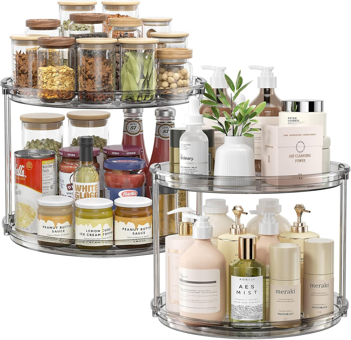 LAMU 2 Tier Lazy Susan Turntable Organizer 9.25'' Rotating Spice Rack Organization for Cabinet, Kitchen, Pantry, Countertop, Bathroom, Vanity, Medicine Cabinet Organizer, Clear