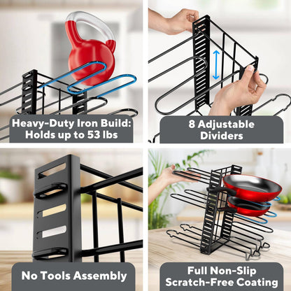 Pots and Pans Organizer Under Cabinet - 8-Tier Adjustable Pan Organizer Rack for Cabinet - Heavy-Duty Pot & Pan Organizer - Perfect to Store Pots, Pans, Lids - Easy Kitchen Organization and Storage