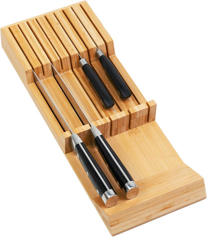 In-drawer Knife Block Bamboo Kitchen Knives Drawer Organizer Large | Holder Storage for Steak, Paring, Bread Knives, Holds Up to 16 Knife & 1 Sharpening Steel (Knives & Sharpening Not Included)