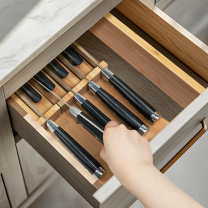 In-drawer Knife Block Bamboo Kitchen Knives Drawer Organizer Large | Holder Storage for Steak, Paring, Bread Knives, Holds Up to 16 Knife & 1 Sharpening Steel (Knives & Sharpening Not Included)
