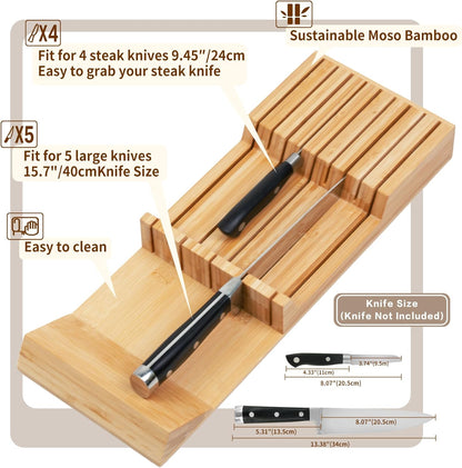 In-drawer Knife Block Bamboo Kitchen Knives Drawer Organizer Large | Holder Storage for Steak, Paring, Bread Knives, Holds Up to 16 Knife & 1 Sharpening Steel (Knives & Sharpening Not Included)