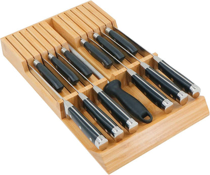In-drawer Knife Block Bamboo Kitchen Knives Drawer Organizer Large | Holder Storage for Steak, Paring, Bread Knives, Holds Up to 16 Knife & 1 Sharpening Steel (Knives & Sharpening Not Included)