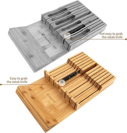 In-drawer Knife Block Bamboo Kitchen Knives Drawer Organizer Large | Holder Storage for Steak, Paring, Bread Knives, Holds Up to 16 Knife & 1 Sharpening Steel (Knives & Sharpening Not Included)