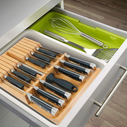In-drawer Knife Block Bamboo Kitchen Knives Drawer Organizer Large | Holder Storage for Steak, Paring, Bread Knives, Holds Up to 16 Knife & 1 Sharpening Steel (Knives & Sharpening Not Included)