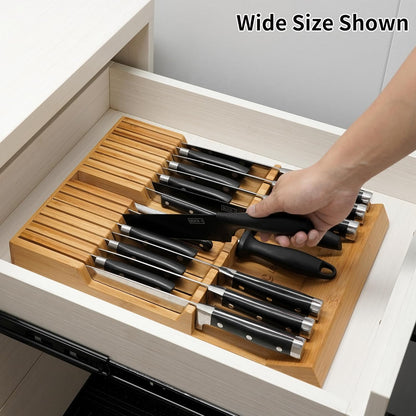 In-drawer Knife Block Bamboo Kitchen Knives Drawer Organizer Large | Holder Storage for Steak, Paring, Bread Knives, Holds Up to 16 Knife & 1 Sharpening Steel (Knives & Sharpening Not Included)