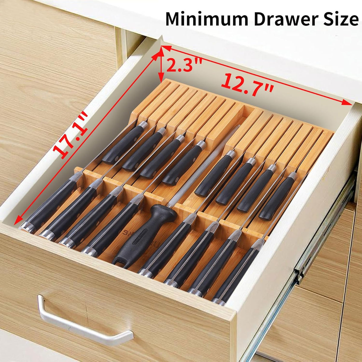 In-drawer Knife Block Bamboo Kitchen Knives Drawer Organizer Large | Holder Storage for Steak, Paring, Bread Knives, Holds Up to 16 Knife & 1 Sharpening Steel (Knives & Sharpening Not Included)