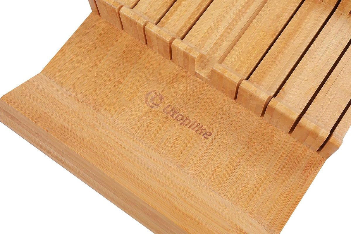 In-drawer Knife Block Bamboo Kitchen Knives Drawer Organizer Large | Holder Storage for Steak, Paring, Bread Knives, Holds Up to 16 Knife & 1 Sharpening Steel (Knives & Sharpening Not Included)