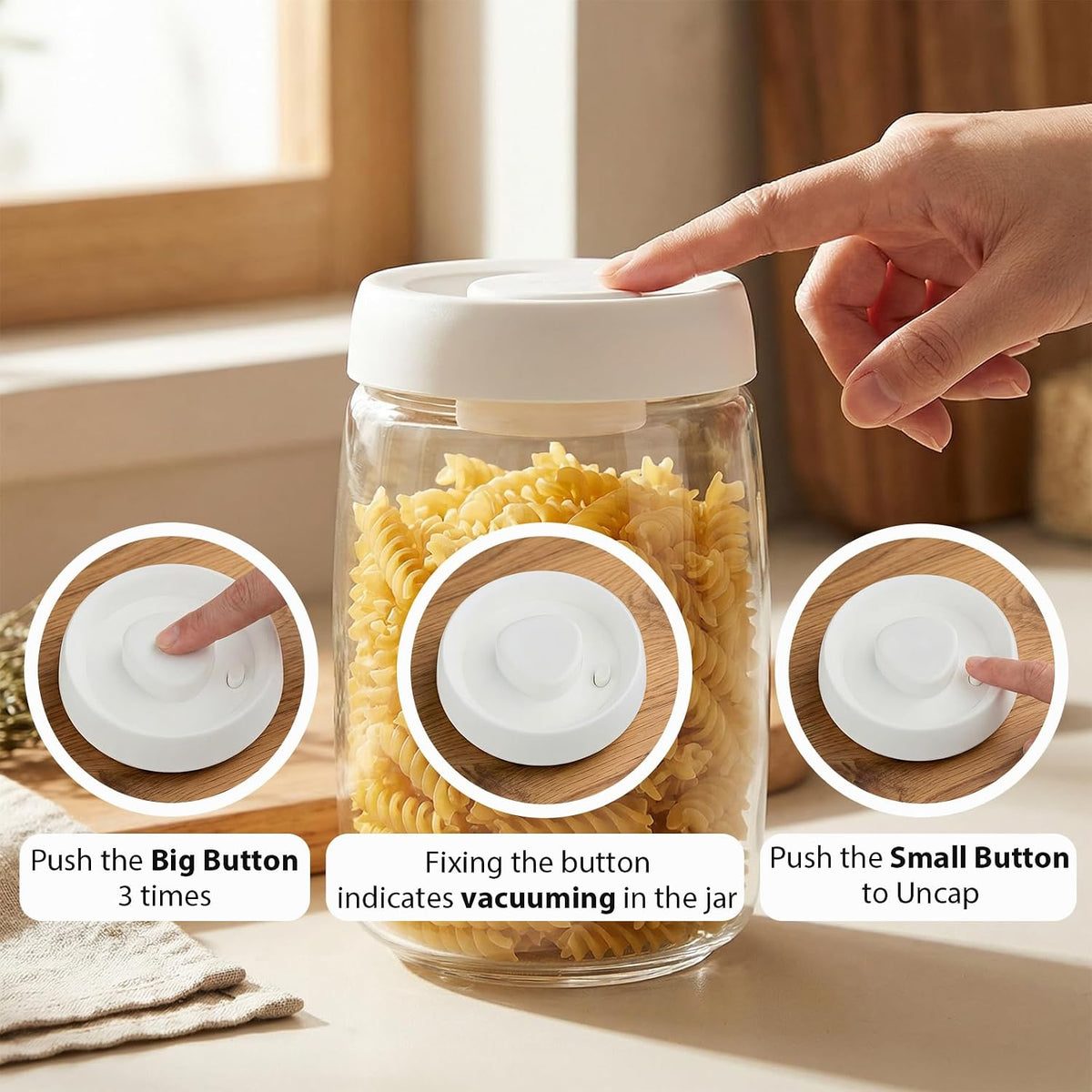 Micro-Vacuum Glass Storage Containers with Built-in Pump(42OZ/20OZ), Airtight Food Storage Container Kitchen Pantry Storage Jar, best for Coffee Beans, Cereal, Fruit, Nuts, Snacks, Candy