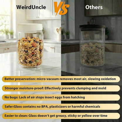 Micro-Vacuum Glass Storage Containers with Built-in Pump(42OZ/20OZ), Airtight Food Storage Container Kitchen Pantry Storage Jar, best for Coffee Beans, Cereal, Fruit, Nuts, Snacks, Candy
