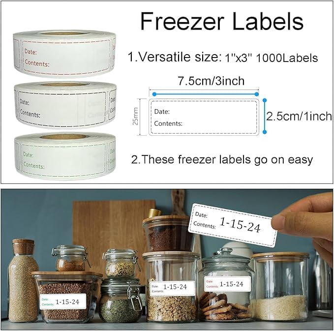 Freezer Labels,1x3 inch for Food containers,Food Labels Quick and Easy to Remove- Easy to Write on(Black)