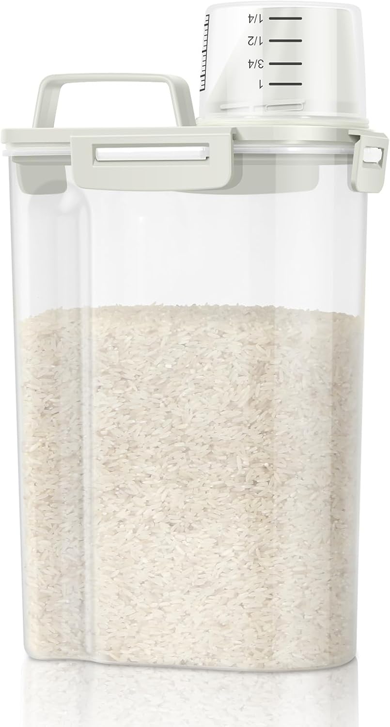 Airtight Rice Container 10 Lbs, Cereal Dispenser, Pet Cat Dog Food Storage Container, Plastic Kitchen Pantry Food Storage Holder with Cup -Dark Grey