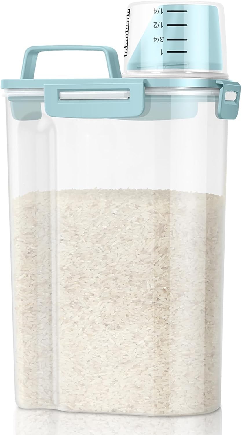 Airtight Rice Container 10 Lbs, Cereal Dispenser, Pet Cat Dog Food Storage Container, Plastic Kitchen Pantry Food Storage Holder with Cup -Dark Grey